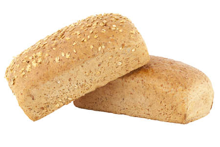 two whole breads with oatmeal on white background