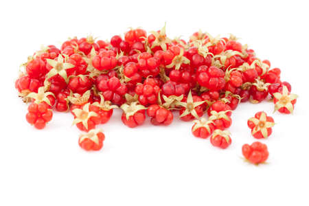 raspberries' ripe fruit and leaf on white backgroundの写真素材