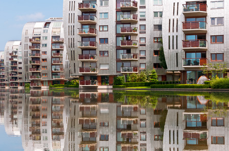DEN BOSCH, NETHERLANDS - JULY 6, 2013: Modern Apartment Buildings in Den Bosch. Unique architecture residential buildings in a new nice neighborhood near to the central station.のeditorial素材
