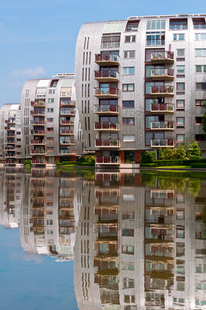 DEN BOSCH, NETHERLANDS - JULY 6, 2013: Modern Apartment Buildings in Den Bosch. Unique architecture residential buildings in a new nice neighborhood near to the central station.のeditorial素材