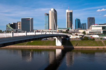 VILNIUS, LITHUANIA - AUGUST 6: The White Bridge on August 6, 2013. The White Bridge is a pedestrian bridge over the Neris River, connecting the old town with a new financial center.のeditorial素材