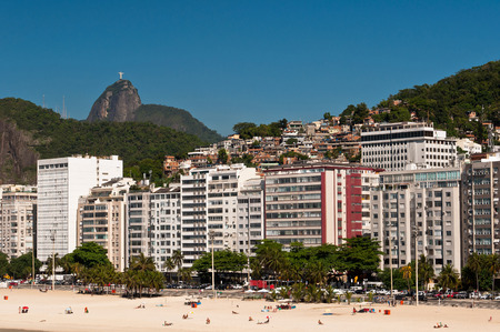 Luxury Buildings in Front of the Copacabana Beach with Corcovado Mountain Behind in Rio de Janeiro, Brazilの写真素材
