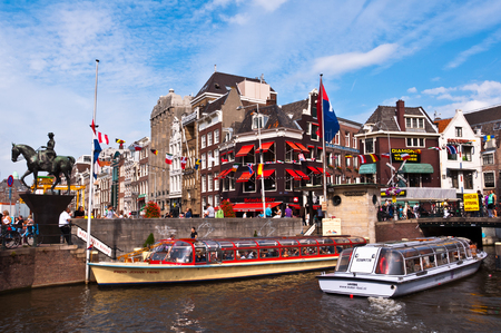 AMSTERDAM, NETHERLANDS - AUGUST 16, 2013: Common view of houses and canals of Amsterdam in summer of 2013.のeditorial素材