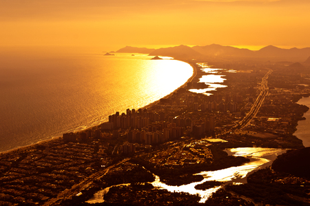 Barra da Tijuca aerial view by sunset in Rio de Janeiro, Brazilの写真素材