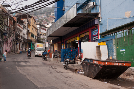 RIO DE JANEIRO - OCTOBER 18, 2014: Streets of favela Vidigal in Rio de Janeiro, Brazil. After installing Pacifying Police Units, favela became better and safer place to live in.のeditorial素材