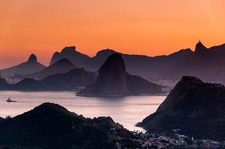 Beautiful View of Rio de Janeiro Mountains by Sunset from the City Park in Niteroi, Brazilの写真素材