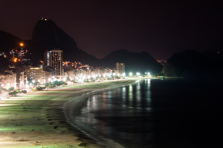 Copacabana Beach at Night with the Sugarloaf Mountain in the Horizon, Rio de Janeiro, Brazilの写真素材