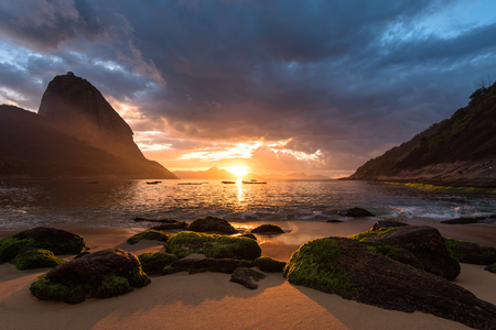 Beautiful Sunrise in the Red Beach (Praia Vermelha) with the Sugarloaf Mountain, Rio de Janeiro, Brazilの写真素材