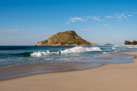 Recreio dos Bandeirantes Beach and Pontal Rock in the Ocean in Rio de Janeiro, Brazilの写真素材