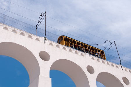 Iconic Tram of Santa Teresa is Crossing the Arch of Lapa in Rio de Janeiro, Brazilのeditorial素材