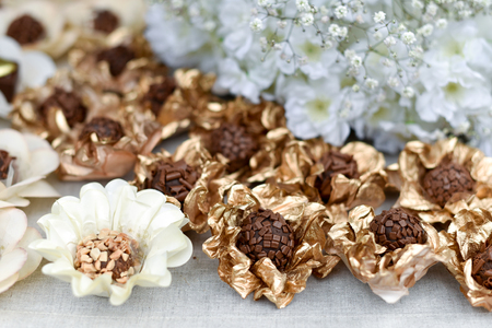 Decorative Candies and Pralines in Shiny Paper Wrapsの写真素材