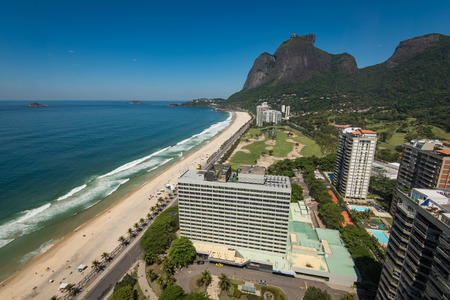 View of Sao Conrado Neighborhood and Beach with Pedra da Gavea Mountain in the Horizon, in Rio de Janeiroの写真素材