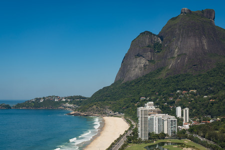 View of Sao Conrado Neighborhood and Beach with Pedra da Gavea Mountain in the Horizon, in Rio de Janeiroの写真素材