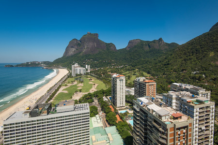View of Sao Conrado Neighborhood and Beach with Pedra da Gavea Mountain in the Horizon, in Rio de Janeiroの写真素材