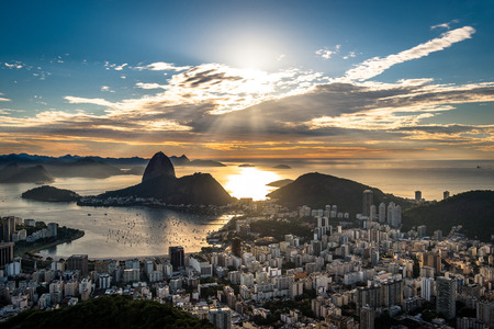 View of Rio de Janeiro City Landmark - the Sugarloaf Mountain, with the Sun Shining Aboveの写真素材