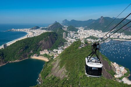 Cable Car Approaching the Sugarloaf Mountain With Beautiful View or Rio de Janeiro City Behindの写真素材