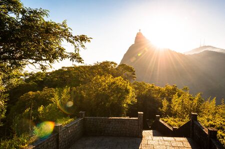 Beautiful Warm Sunset View in the Park With Corcovado Mountain in Rio de Janeiroの写真素材