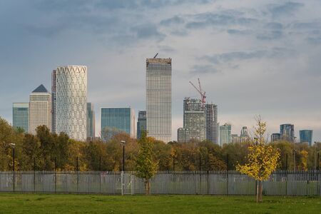 Newly Built Modern Skyscrapers in Canary Wharf District View From the Public Parkの写真素材