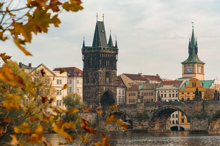 Beautiful Autumn View of Charles Bridge in Prague, Czechiaの写真素材