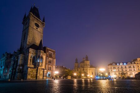 Astronomical Clock Tower in Prague Old Town Square at Nightの写真素材