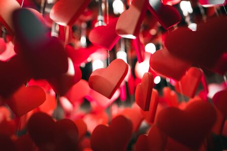 Hanging Small Red Decorative Heartsの写真素材