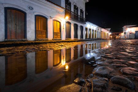 Empty Street in Historical Center of Paraty at Nightの写真素材