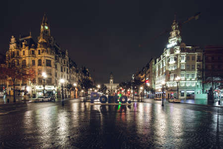 Porto, Portugal - November 19, 2019: Liberdade Square at night just after the rain.のeditorial素材