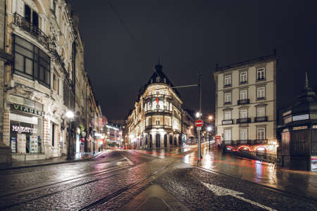 Porto, Portugal - November 19, 2019: Empty streets in historical center of Porto city at night.のeditorial素材