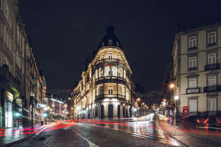 Porto, Portugal - November 19, 2019: Empty streets in historical center of Porto city at night.のeditorial素材