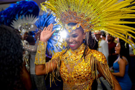 Rio de Janeiro, Brazil - June 5, 2019: Pretty samba dancer performing in a carnival block party at night.のeditorial素材
