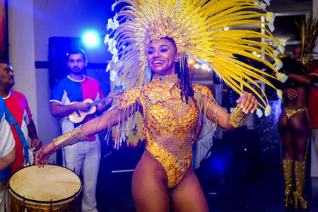 Rio de Janeiro, Brazil - June 5, 2019: Pretty samba dancer performing in a carnival block party at night.のeditorial素材