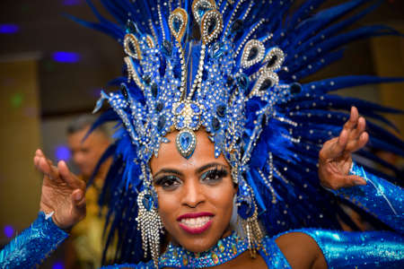 Rio de Janeiro, Brazil - June 5, 2019: Pretty samba dancer performing in a carnival block party at night.のeditorial素材