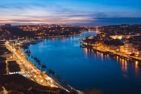 Night View of Douro River Between Porto and Vila Nova de Gaia Cities in Portugalのeditorial素材