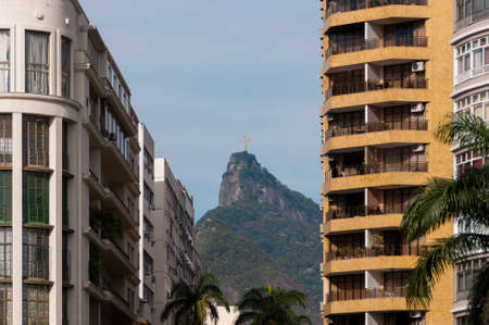 Corcovado Mountain Between Two Residential Apartment Buildings in Rio de Janeiro, Brazilのeditorial素材