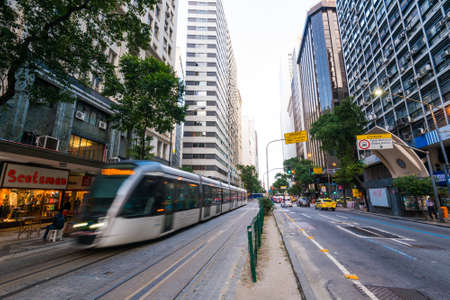Rio de Janeiro, Brazil - July 2, 2020: Traffic in Rio Branco avenue in city downtown. Because of the pandemic, the streets are almost empty.のeditorial素材