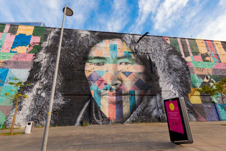 Rio de Janeiro, Brazil - June 30, 2020: Eduardo Kobra's Mural named Native People from the 5 continents. Art on the wall of the Olympic Boulevard.のeditorial素材
