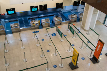 Rio de Janeiro, Brazil - July 16, 2020: Empty check in counter in Santos Dumont airport in Rio de...