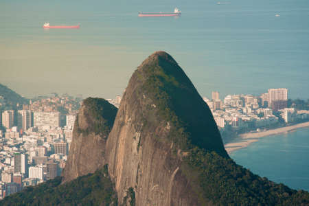Two Brothers Mountain and Ipanema Beach Behind It in Rio de Janeiro, Brazilの写真素材