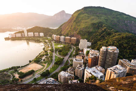 Aerial View of Apartment Buildings in Front of the Lagoon and Between Mountains in Rio de Janeiro, Brazil.の写真素材