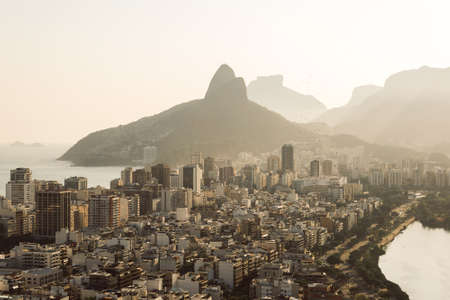 Aerial View of Buildings in Ipanema District and Two Brothers Mountain in the Horizon in Rio de Janeiro, Brazil.の写真素材