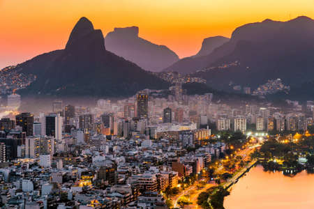 View of Ipanema and Leblon District Buildings and Mountains by Sunset in Rio de Janeiro, Brazil.の写真素材