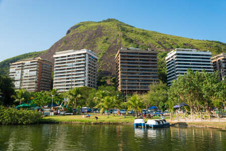 View of Mountains and Residential Buildings Around Rodrigo de Freitas Lagoon in Rio de Janeiro, Brazil.のeditorial素材