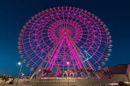 Rio de Janeiro, Brazil - January 18, 2021: Rio Star ferris wheel at night is illuminated with colorful RGB led lights.のeditorial素材