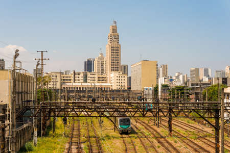 Railway Tracks Leading to the Central Train Station of Rio de Janeiro and City Skyline in the Horizonの写真素材