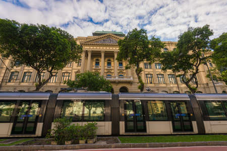 Rio de Janeiro, Brazil - October 26, 2021: VLT passenger tram passing in front of the National Library building.のeditorial素材
