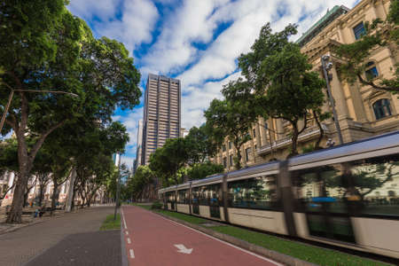 Rio de Janeiro, Brazil - October 26, 2021: Modern VLT passenger tram passes in Rio Branco avenue in the city center.のeditorial素材
