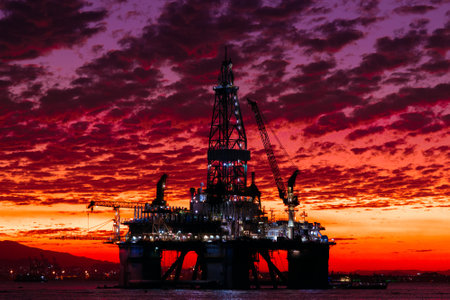 Silhouette of Oil Drilling Rig in Guanabara Bay in Rio de Janeiro, Brazil With Dramatic Sunset Skyの写真素材
