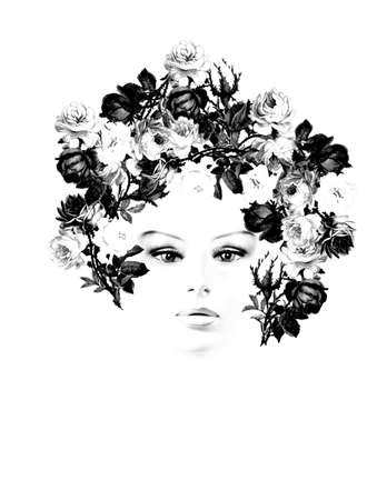 woman portrait with vintage roses on hairの写真素材