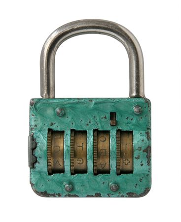 green vintage metal padlock on white backgroundの写真素材