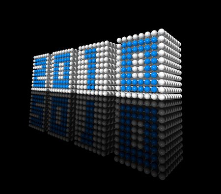 three dimensional 2010 new year number. cubes made of spheres and isolated on black